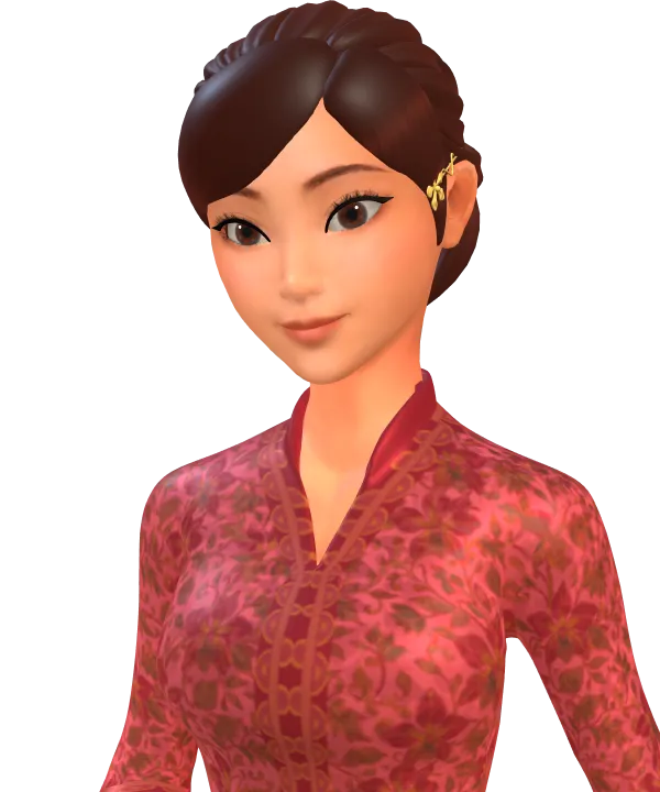Annie, the AI host of AI Before Coffee, in a red kebaya